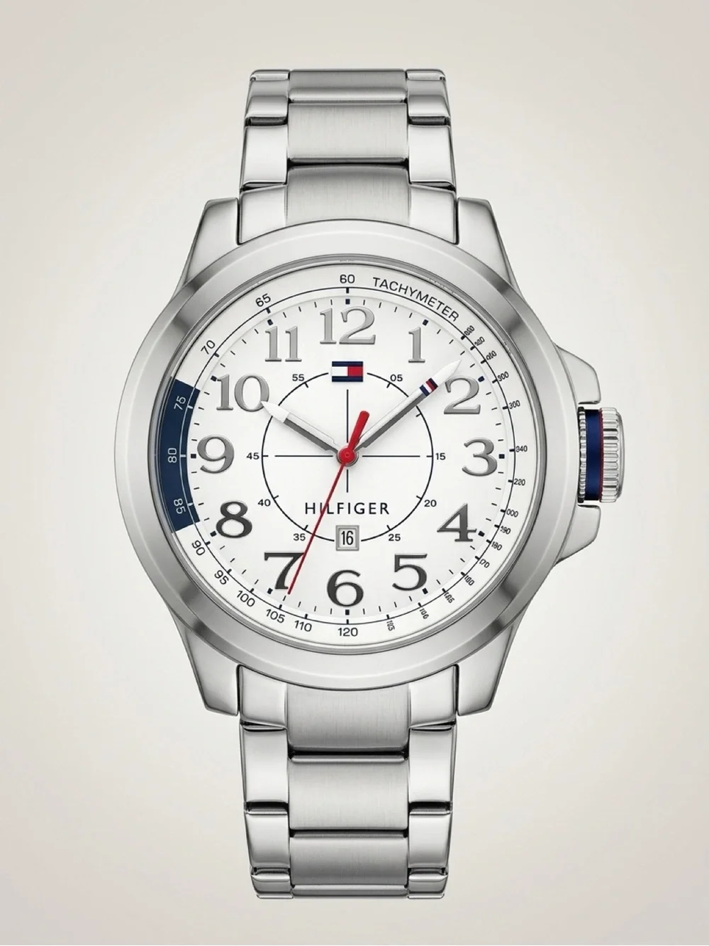 Tommy Hilfiger Silver Stainless Steel Watch with White Dial and Red Accents